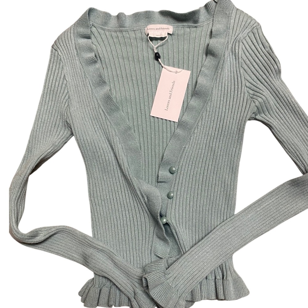Lovers and Friends Aqua Blue Green Ribbed Ruffle Cardigan Sweater NWT Size S
